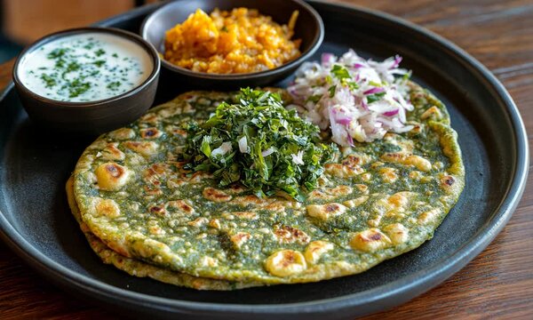 Deliciously plated green flatbread with sides of yogurt, chutney, and sweet dish on a wooden table