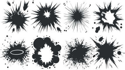 Collection of abstract black and white explosion graphic elements.