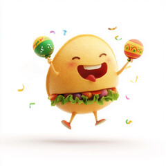 Naklejka premium Cheerful taco cartoon character holding colorful maracas, jumping joyfully and celebrating with confetti in a fun Mexican vibe.