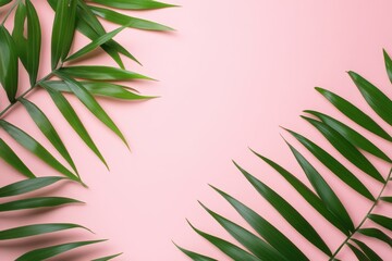 緑の葉が美しいピンクの背景に配置されたデザイン