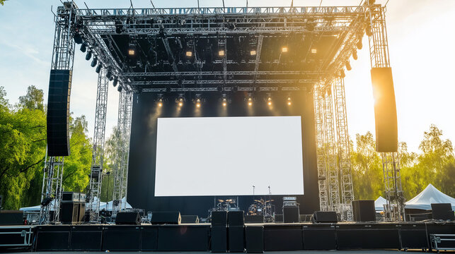 An empty outdoor stage with bright blue lighting, awaiting a performance or event, surrounded by trees in the background, featuring a large screen ready for visuals, ideal for concerts, festivals, or 