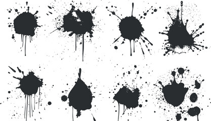 Collection of black ink splatters on a white background.