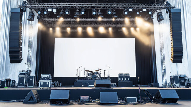 An empty outdoor stage with bright blue lighting, awaiting a performance or event, surrounded by trees in the background, featuring a large screen ready for visuals, ideal for concerts, festivals, or 