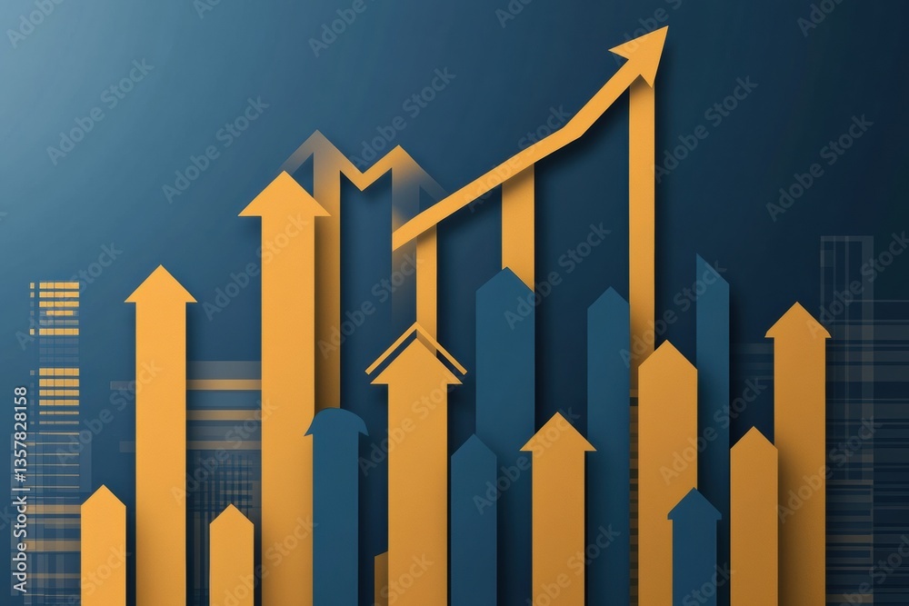 Leinwandbilder modern business background featuring layered paper cut bar charts and arrows increasing in a gold an