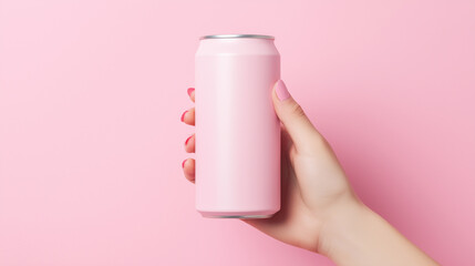 A hand holding a pink can against a soft pink background, emphasizing a minimalist and stylish design.