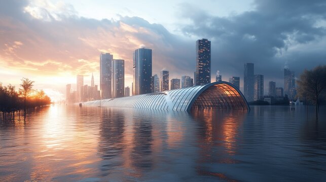 AI-monitored levees holding back floodwaters threatening a contemporary urban skyline
