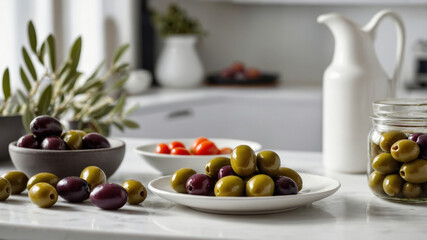 Green and dark olives in plates in a bright kitchen