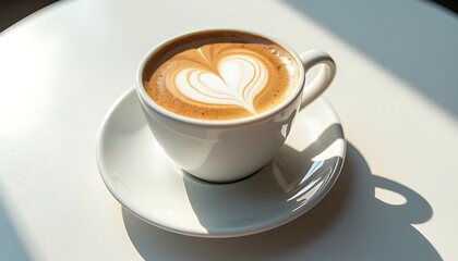 Elegant heart-shaped latte art in sunlight on white table.