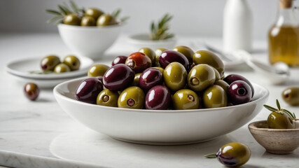 Green and dark olives in plates in a bright kitchen