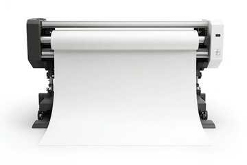 Large format printer ready to print.  High-quality image of a modern, flatbed printer with a roll of white paper