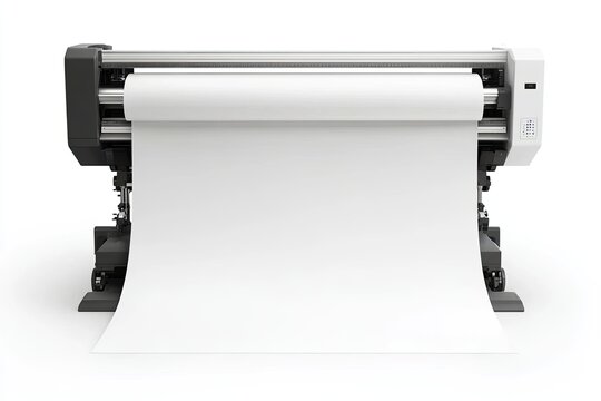 Large format printer ready to print.  High-quality image of a modern, flatbed printer with a roll of white paper