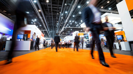Obraz premium A bustling business exhibition with professionals walking through the venue with orange carpets, booths, and digital displays. 