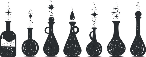 Fototapeta premium Black and white illustration of magical potion bottles with stars.