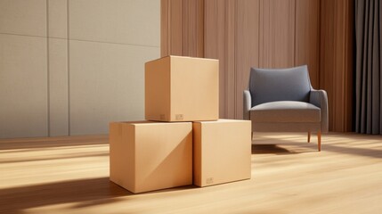 Professional movers carry cardboard boxes into a modern, well-lit living room with wooden floors and stylish furniture, symbolizing a smooth moving process