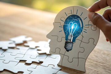 puzzle pieces, human head silhouette, glowing blue light bulb, idea concept, hand placing final piece, white background, jigsaw puzzle,
