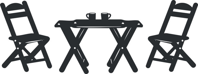 Silhouette of two chairs and a table with coffee cups.