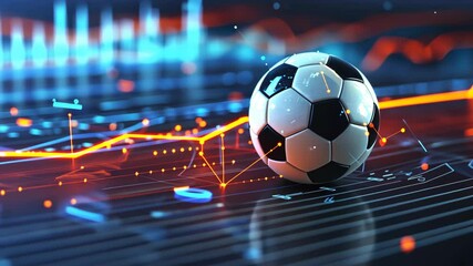Soccer ball with stock market graph overlay in stadium at night illustrating cryptocurrency and AI impact on sports finance - Powered by Adobe