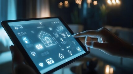 Smart Home Control: A close-up of a hand interacting with a tablet displaying a smart home control interface. The screen illuminates a range of digital icons that represent lighting, security.