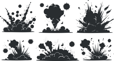 Set of cartoon explosion illustrations with smoke and dynamic effects.