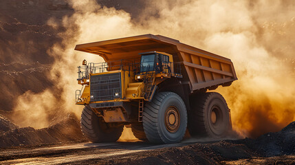 Obraz premium A massive mining dump truck with ores, driving through a mine site with large industrial machinery working and clouds of dust rising around the truck.