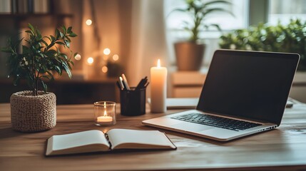 Fototapeta premium Cozy Workspace: An inviting workspace features a laptop, journal, and candles, perfect for focused work in a warm setting.