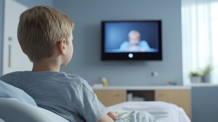 Child hospitalization in a pediatric room, watching TV with a nurse. Featuring therapeutic distraction