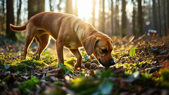The dog smelled truffles in the forest with his nose