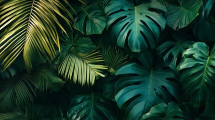 A tropical jungle with large green palm leaves.
