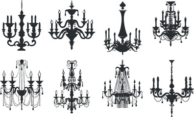 Fototapeta premium Set of elegant chandelier silhouettes in a vintage style vector illustration.