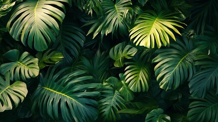 A tropical jungle with large green palm leaves.