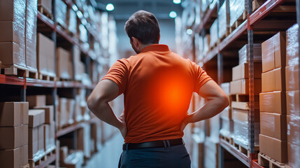 A warehouse worker holding his lower back in pain, with a glowing red spot indicating discomfort.
