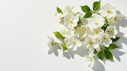 Obraz premium Fresh white jasmine flowers with green leaves on a clean background