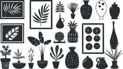 Minimalist black and white silhouette illustration of plants and vases.
