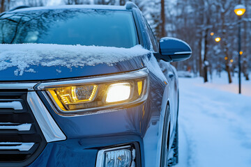 Blue SUV in snowy winter landscape with illuminated headlights