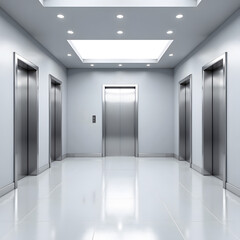 Obraz premium Modern office building elevator lobby with stainless steel doors and bright lighting