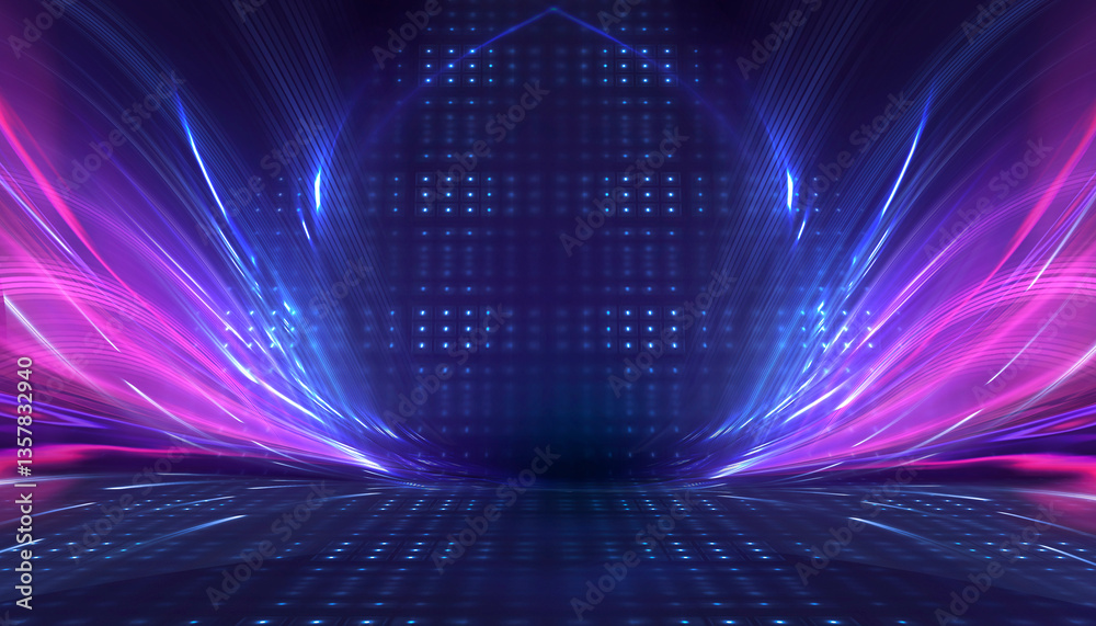 Wall mural abstract bright neon background scene with rays, spotlights, multi-colored background.
