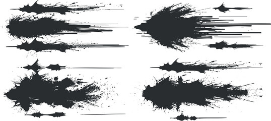 Set of abstract black ink splatter designs on white background.