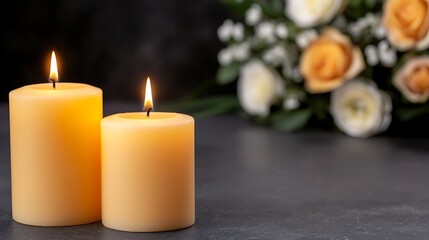 Romantic Setting with Two Lit Yellow Candles and Beautiful Floral Arrangement on Dark Background