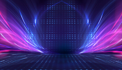Abstract bright neon background scene with rays, spotlights, multi-colored background.