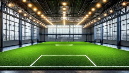 Indoor soccer field in a spacious, industrial-style building with high ceilings and large windows