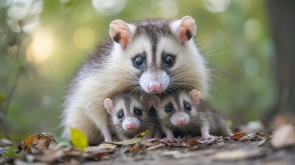 Adorable opossum mother snuggles with her precious babies, heartwarming moment of maternal love in the wild