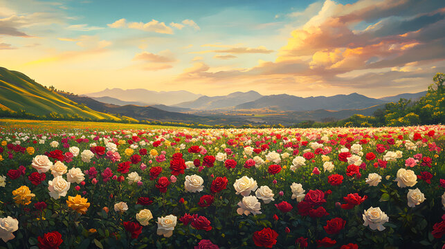 A mesmerizing rose field with bright red, white, yellow, and pink roses, forming a stunning display of color across the lush green landscape under the warm sun.