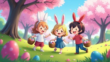 Fototapeta premium Enchanting Easter Forest Scene With Anime Girls And Bunnies