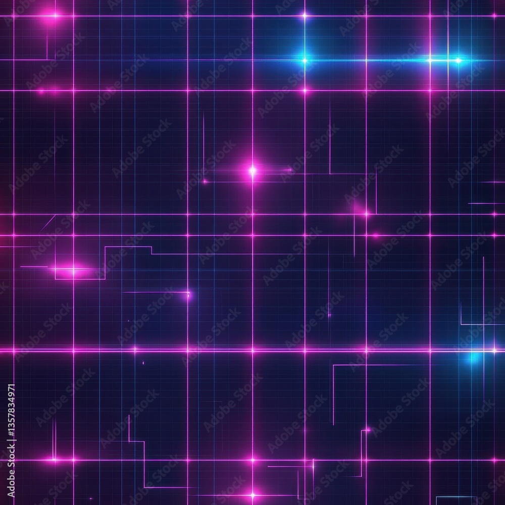 Poster seamless cyberpunk neon pattern featuring glowing grid lines in deep blue and purple hues for a high