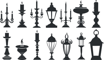 Silhouettes of various candlesticks and lanterns in ornate designs.