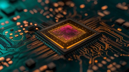 Advanced Microchip on Circuit Board with Complex Patterns and Vibrant Colors for Technology Visuals