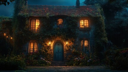 Enchanted Cottage at Night Cozy Home with Warm Lights and Lush Garden Surrounded by Nature
