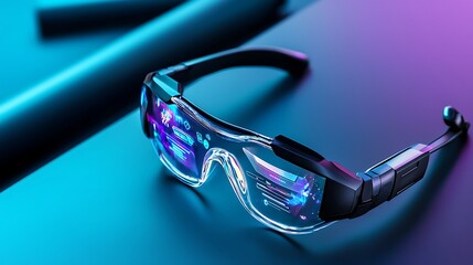 Futuristic Augmented Reality Glasses Displaying Digital Interface on Vibrant Neon Background