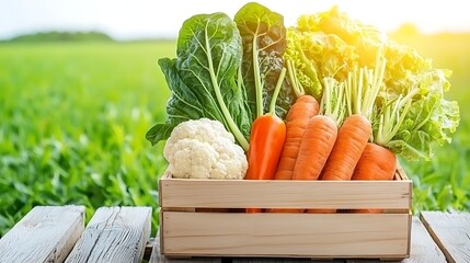 Fresh Green Vegetables and Orange Carrots in Wooden Crate with Farm Field Background at Sunrise