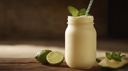 Refreshing Smoothie in a Mason Jar with Lime and Mint Garnish